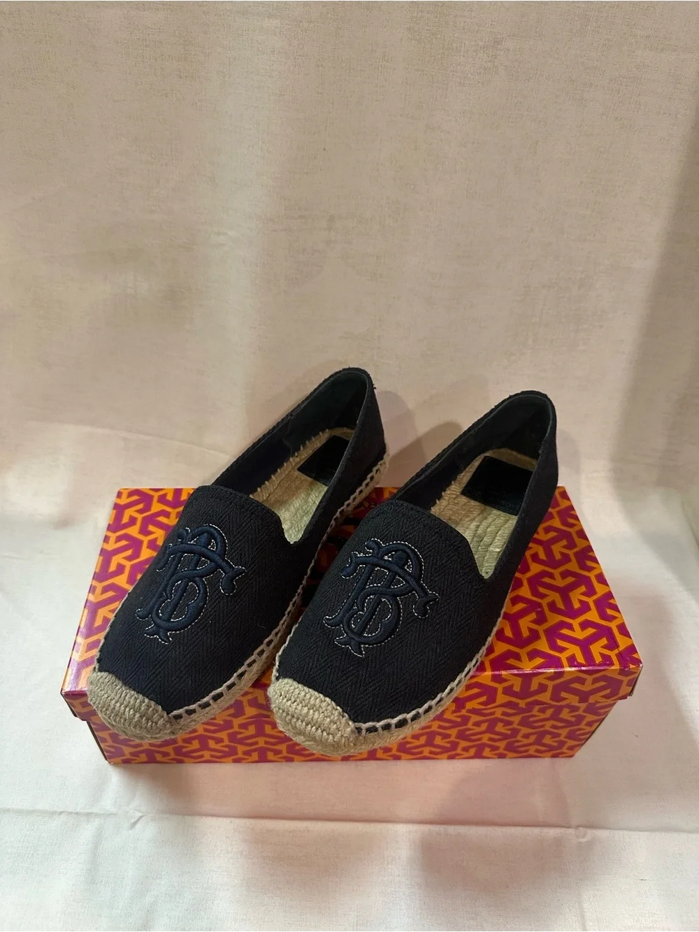 Tory Burch Dawson Espadrille Herring Embroidered Logo Navy Size 7